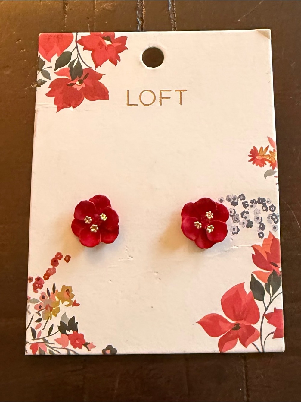 NWT Loft Red Floral Poinsettia Stud Earrings Rhinestone Crystal Holiday